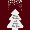 Merry Christmas and Happy New Year. Greeting card with a Christmas tree and snowflakes on a red background. Royalty Free Stock Photo