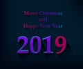 Merry Christmas and Happy New Year greeting card with colored number 2019 and congratulatory words. Royalty Free Stock Photo