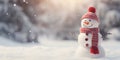 Merry christmas and happy new year greeting card with copy-space.Happy snowman standing in christmas landscape.Snow background. Royalty Free Stock Photo