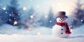 Merry christmas and happy new year greeting card with copy-space.Happy snowman standing in christmas landscape.Snow background. Royalty Free Stock Photo