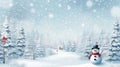 Merry christmas and happy new year greeting card with copy-space.Happy snowman standing in christmas landscape.Snow background. Royalty Free Stock Photo