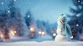 Merry christmas and happy new year greeting card with copy-space.Happy snowman standing in christmas landscape.Snow background. Royalty Free Stock Photo