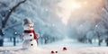 Merry christmas and happy new year greeting card with copy-space.Happy snowman standing in christmas landscape.Snow background. Royalty Free Stock Photo