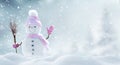 Merry christmas and happy new year greeting card with copy-space.Happy snowman standing in landscape.Snow background.Winter Royalty Free Stock Photo