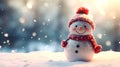 Merry christmas and happy new year greeting card with copy-space.Happy snowman standing in winter christmas landscape Royalty Free Stock Photo