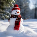 Merry christmas and happy new year greeting card with copy-space.Happy snowman standing in winter christmas landscape Royalty Free Stock Photo