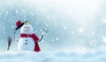 Merry christmas and happy new year greeting card with copy-space.Happy snowman standing in winter christmas landscape.Snow Royalty Free Stock Photo