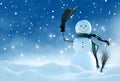 Merry christmas and happy new year greeting card with copy-space.Happy snowman standing in winter christmas landscape.Snow Royalty Free Stock Photo