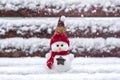 Merry christmas and happy new year greeting card with copy space Happy little snowman in red cap and scarf standing in winter snow Royalty Free Stock Photo