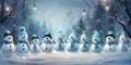 Merry Christmas and happy New Year greeting card with copy-space. Many snowmen standing in winter Christmas landscape Royalty Free Stock Photo