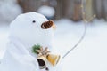 Merry Christmas and happy New Year greeting card with copy-space.Many snowmen standing in winter Christmas landscape.Winter backgr Royalty Free Stock Photo