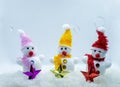 Merry Christmas and happy New Year greeting card with copy-space.Many snowmen standing in winter Christmas landscape Royalty Free Stock Photo