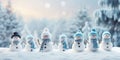 Merry Christmas and happy New Year greeting card with copy-space. Many snowmen standing in winter Christmas landscape Royalty Free Stock Photo