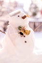 Merry Christmas and happy New Year greeting card with copy-space.Many snowmen standing in winter Christmas landscape.Winter backgr