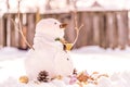 Merry Christmas and happy New Year greeting card with copy-space.Many snowmen standing in winter Christmas landscape.Winter backgr Royalty Free Stock Photo