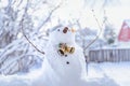 Merry Christmas and happy New Year greeting card with copy-space.Many snowmen standing in winter Christmas landscape. Royalty Free Stock Photo