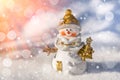 Merry Christmas and Happy New Year greeting card with copy space. Happy smiling snowman standing in sunny winter christmas Royalty Free Stock Photo