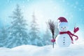 Christmas and happy new year greeting card with copy-space.Happy snowman standing in christmas landscape.Snow background.