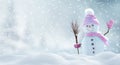 Merry christmas and happy new year greeting card with copy-space.Happy snowman standing in landscape.Snow background.Winter Royalty Free Stock Photo