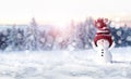 Merry Christmas and happy New Year greeting card with copy-space. Happy snowman, standing in Christmas landscape Royalty Free Stock Photo