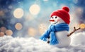 Merry Christmas and Happy New year greeting card with copy-space. Happy snowman standing in snow background Royalty Free Stock Photo