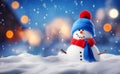 Merry Christmas and Happy New year greeting card with copy-space. Happy snowman standing in snow background Royalty Free Stock Photo