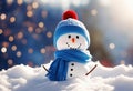 Merry Christmas and Happy New year greeting card with copy-space. Happy snowman standing in snow background Royalty Free Stock Photo