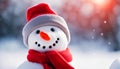 Merry Christmas and Happy New year greeting card with copy-space. Happy snowman standing in snow background Royalty Free Stock Photo