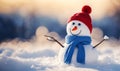 Merry Christmas and Happy New year greeting card with copy-space. Happy snowman standing in snow background Royalty Free Stock Photo