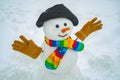 Merry Christmas and happy new year greeting card with copy-space. Snowman is standing in winter hat and scarf with red Royalty Free Stock Photo