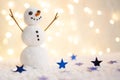 Merry christmas and happy new year greeting card with copy-space.Happy snowman standing in winter christmas landscape.Snow backgro Royalty Free Stock Photo