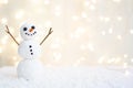 Merry christmas and happy new year greeting card with copy-space.Happy snowman standing in winter christmas landscape.Snow backgro Royalty Free Stock Photo