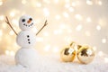 Merry christmas and happy new year greeting card with copy-space.Happy snowman standing in winter christmas landscape.Snow backgro Royalty Free Stock Photo