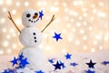 Merry christmas and happy new year greeting card with copy-space.Happy snowman standing in winter christmas landscape.Snow backgro Royalty Free Stock Photo