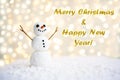 Merry christmas and happy new year greeting card with copy-space.Happy snowman standing in winter christmas landscape.Snow backgro Royalty Free Stock Photo