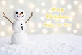 Merry christmas and happy new year greeting card with copy-space.Happy snowman standing in winter christmas landscape.Snow backgro Royalty Free Stock Photo