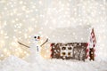 Merry christmas and happy new year greeting card with copy-space.Happy snowman standing in winter christmas landscape.Snow backgro Royalty Free Stock Photo