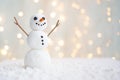 Merry christmas and happy new year greeting card with copy-space.Happy snowman standing in winter christmas landscape.Snow backgro Royalty Free Stock Photo