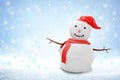 Merry christmas and happy new year greeting card with copy-space.Happy snowman standing in winter christmas Royalty Free Stock Photo