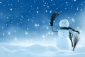 Merry christmas and happy new year greeting card with copy-space.Happy snowman standing in winter christmas landscape.Snow Royalty Free Stock Photo