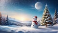 Merry Christmas and Happy New Year greeting card with copy space. Happy snowman standing in winter Christmas landscape. Snowy Royalty Free Stock Photo