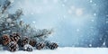 Winter landscape with snow branches and pine cones. Merry Christmas Happy New Year greeting card background with copy space