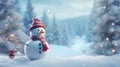 Happy snowman standing in winter christmas landscape Snow