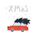 Merry Christmas and Happy New Year greeting card with cute car, christmas tree and lettering. Royalty Free Stock Photo