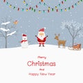 Merry Christmas and Happy New Year greeting card with cute cartoon Santa Claus happy on winter landscape Royalty Free Stock Photo