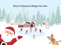 Merry Christmas and Happy New Year 2021 greeting card, Cute cartoon Winter landscap with people and polar bear celebration in the Royalty Free Stock Photo