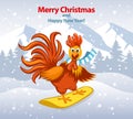 Merry Christmas and Happy New Year Greeting Card with Cute Funny Rooster on Snowboard Royalty Free Stock Photo