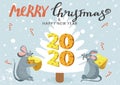 Merry Christmas and Happy New Year greeting card. Cute mouse with cheese, Christmas tree and lettering. Royalty Free Stock Photo