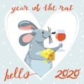 Merry Christmas and Happy New Year greeting card. Cute mouse with cheese, wine and lettering. Royalty Free Stock Photo
