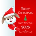 Merry Christmas and Happy New Year 2023 greeting card. Cute rabbit dressed as Santa. vector illustration Royalty Free Stock Photo